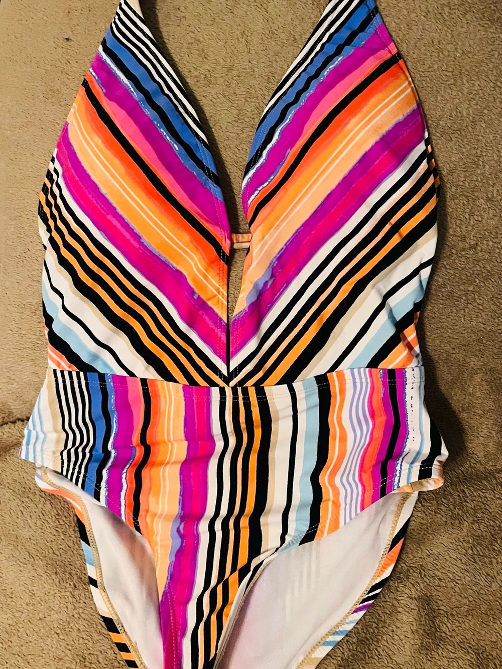 Kenneth Cole Reaction Multicolor Striped V-Neck One-Piece Swimsuit